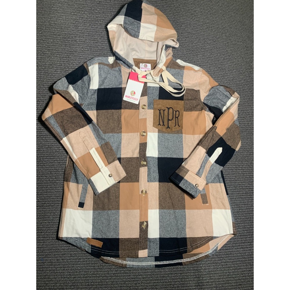 Marley Lilly Button Up Womens M Flannel Shacket Black White Brown Plaid W/ Hood